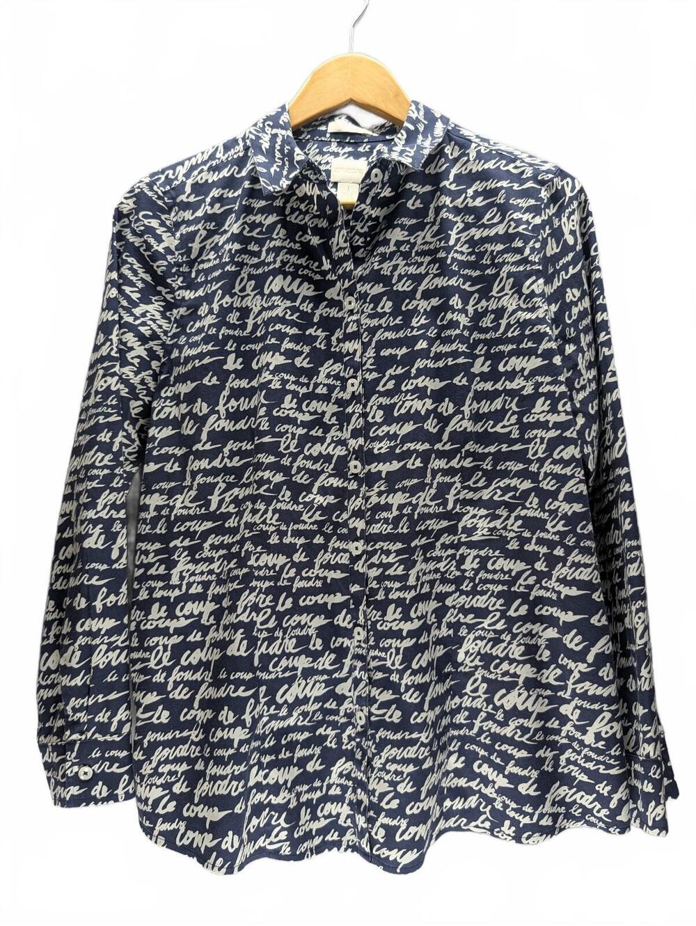 Chico's Button-Up Shirt in Navy with White Script Print 1